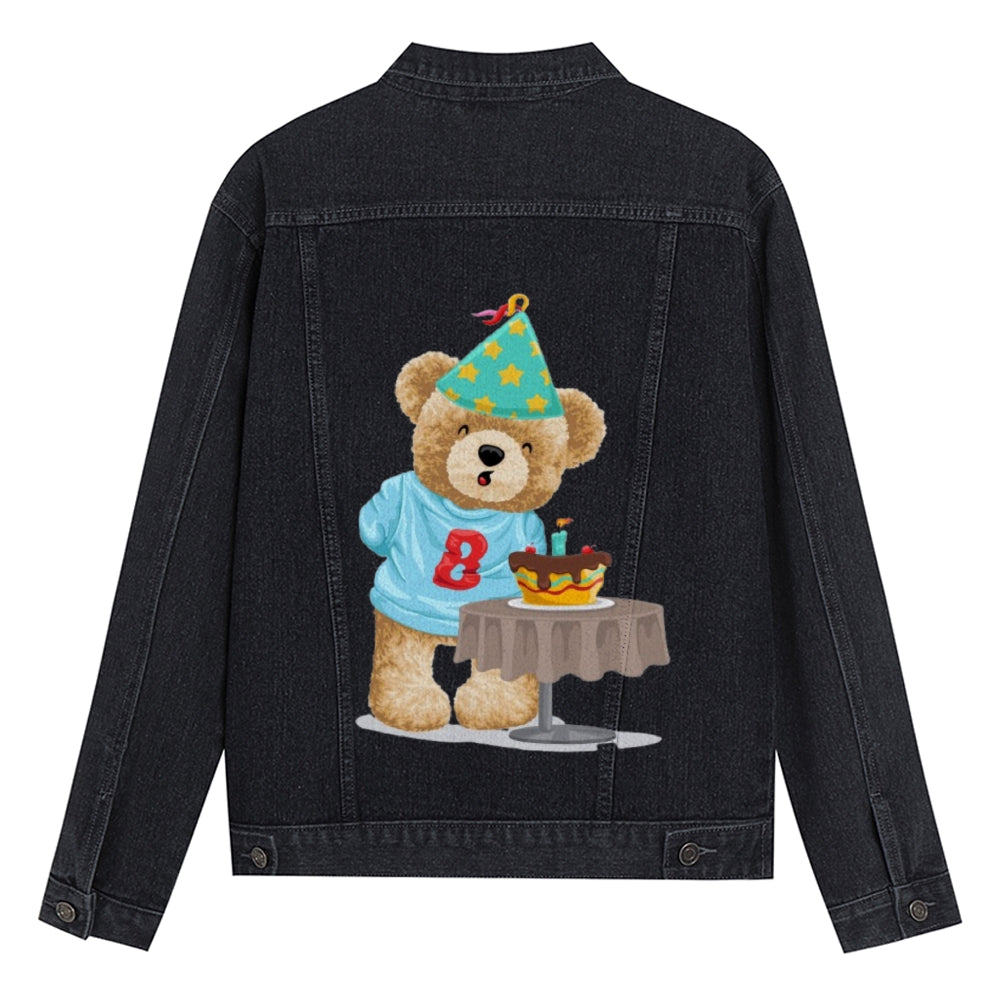 Mens Vintage Cartoon Prints Happy Birthday To Cute Little Bear Denim Jacket