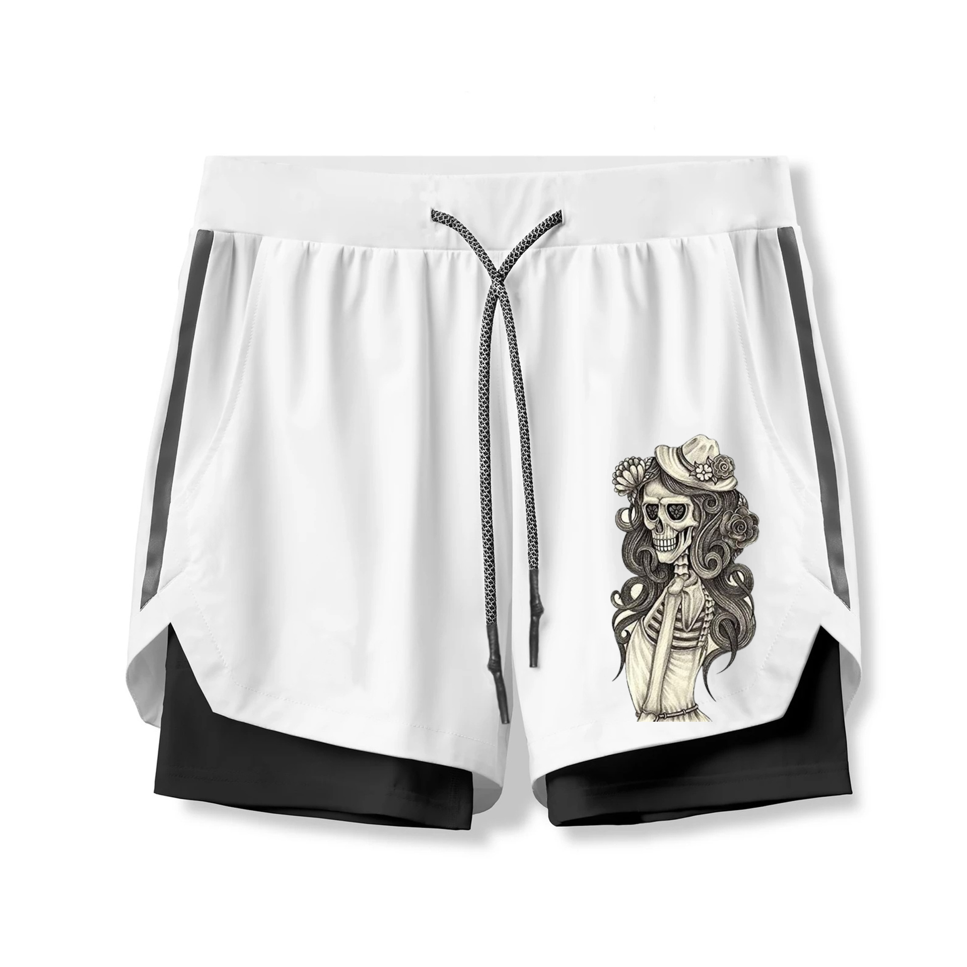 Skull with Flower in Hair 2 In 1 Gym Shorts for Men