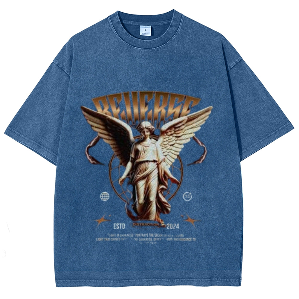 Women Washed Vintage Beauty Angel Graphic T-shirt