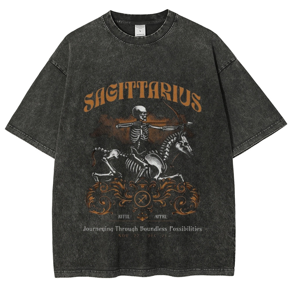 Women Washed Vintage Sagittarius Skull Graphic T-shirt