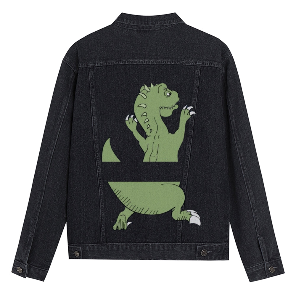 Mens Vintage Cartoon Prints Cute Green Dinosaur Denim Jacket