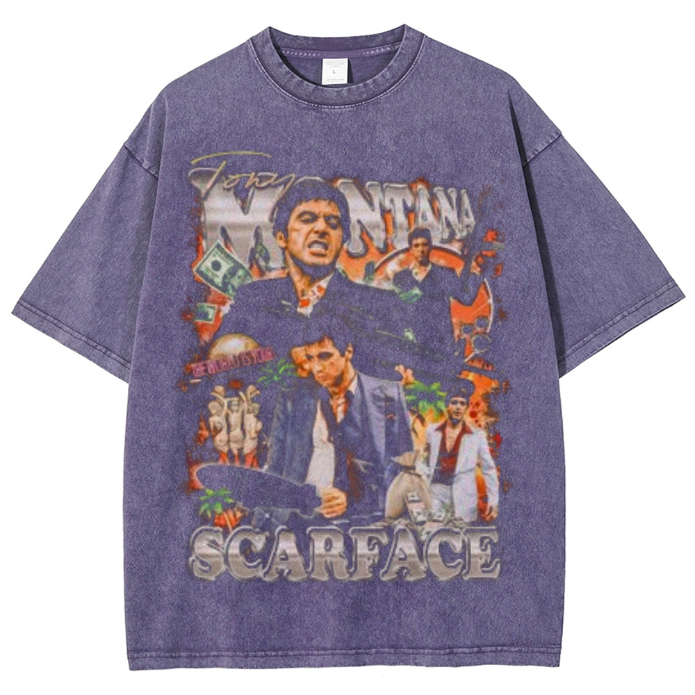 Unisex Vintage Scarface Horror Graphic Short Sleeve Washed T-shirt