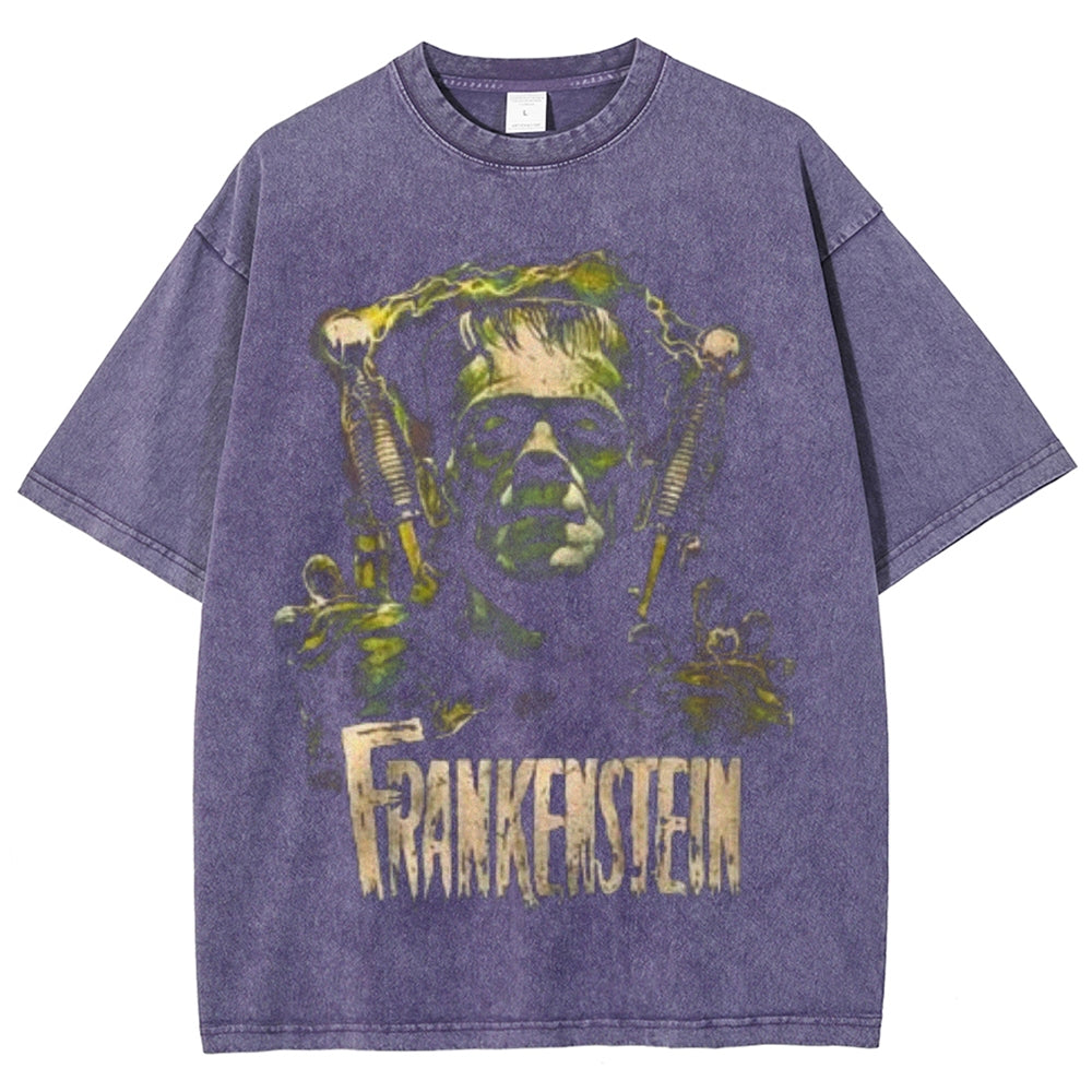 Unisex Vintage Frankenstein Monster Horror Graphic Short Sleeve Washed T-shirt