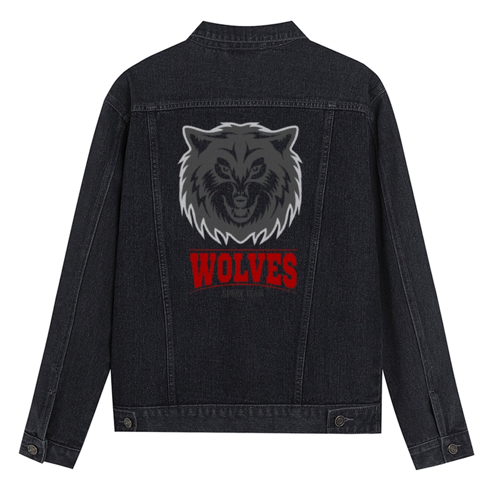 Mens Vintage Cartoon Prints WOLVES Denim Jacket