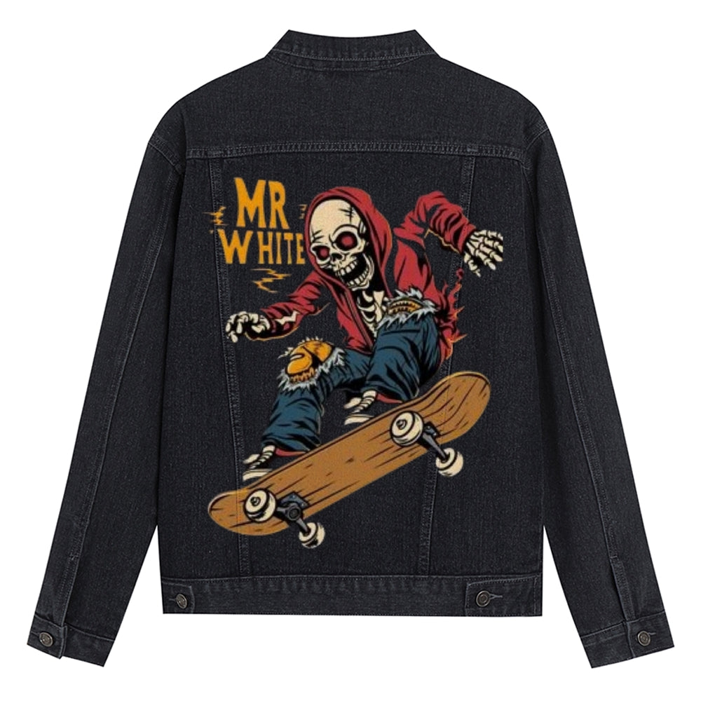 Mens Skateboarding Skeleton Graphic Button Up Denim Jacket