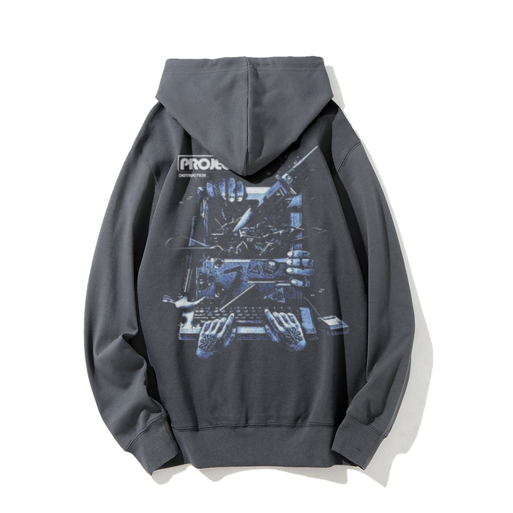 Mens Vintage Machine Project Darkness Style Print Graphic Pullover With Kangaroo Pocket Hoodies