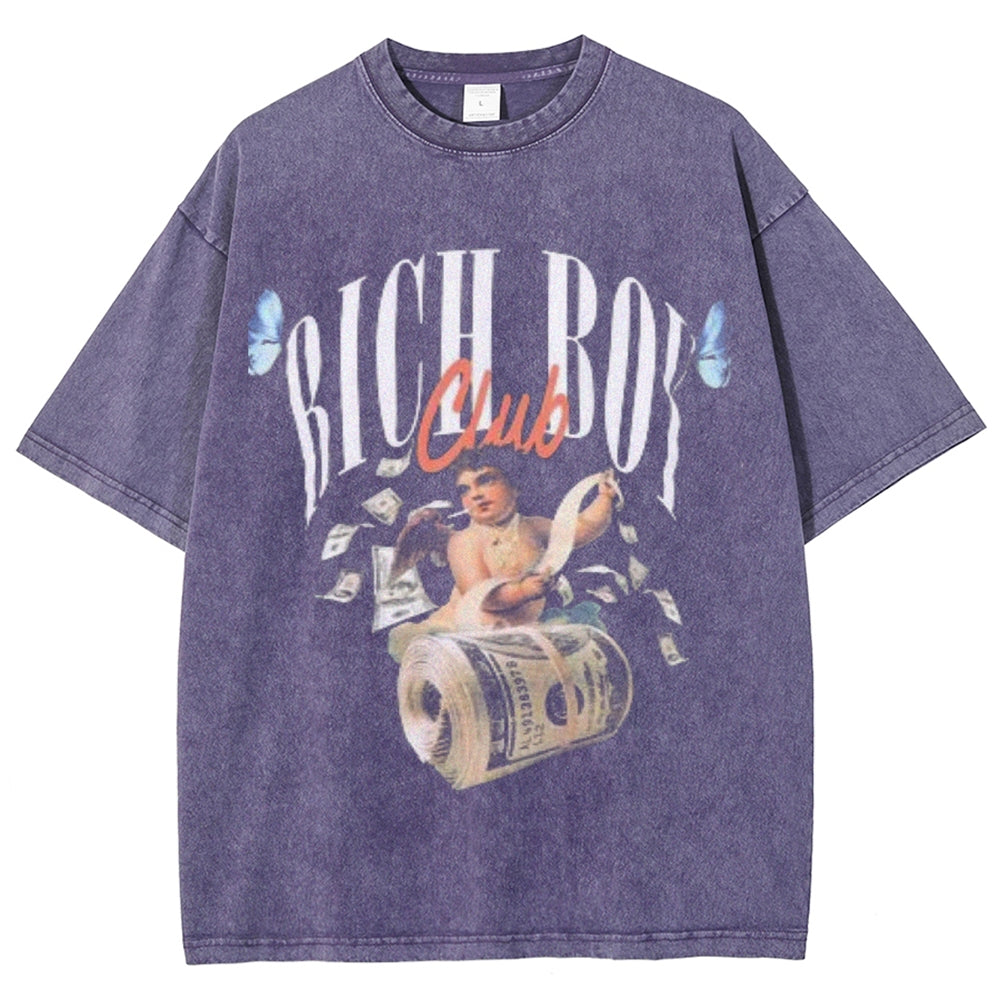 Unisex Vintage Rich Boy Club Graphic Short Sleeve Washed T-shirt