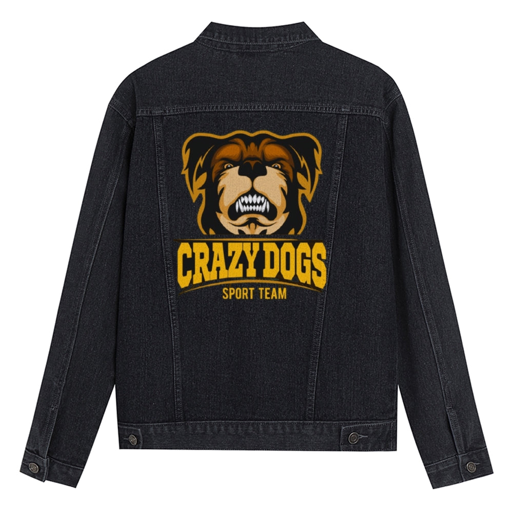 Mens Vintage Cartoon Prints CRAZY DOGS SPORT TEAM Denim Jacket