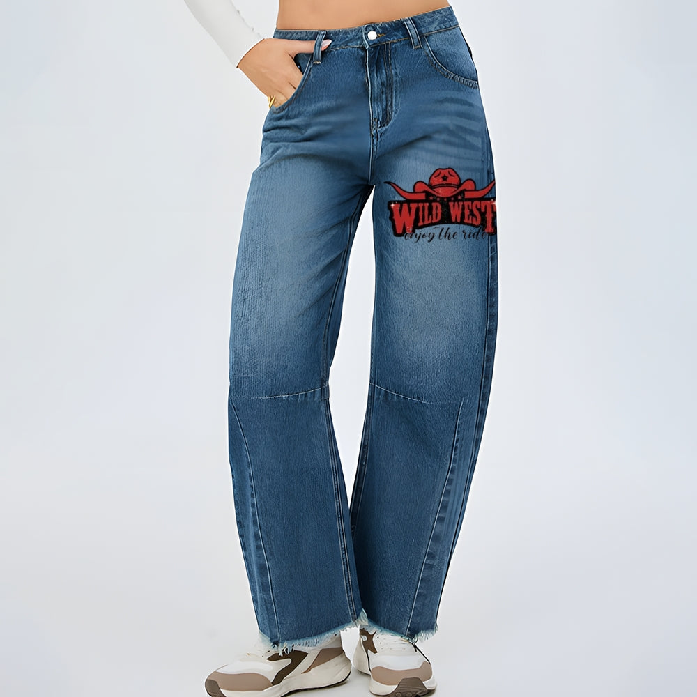 Women Wild West Cowboy Style Graphic Baggy Straight Leg Jean