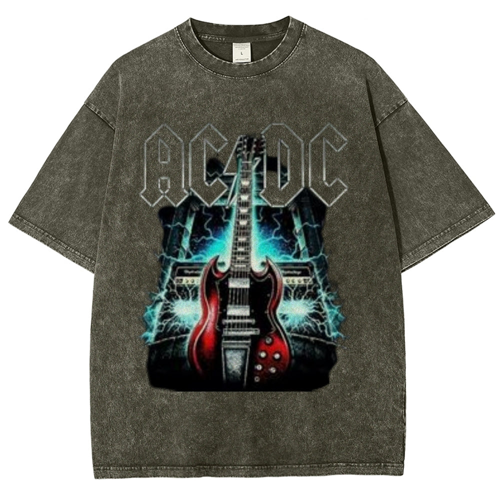 Unisex Vintage The Acdc Rock Band Print Short Sleeve Casual Graphic Washed T-shirt