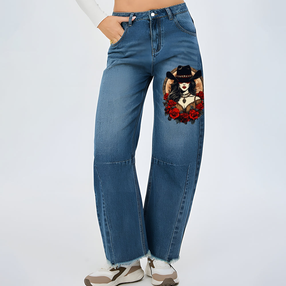 Women Just To Be A Cowgirl Graphic Baggy Straight Leg Jean