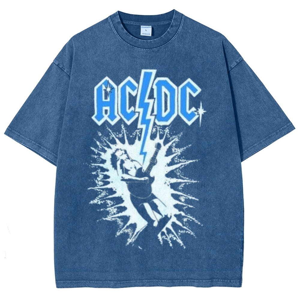 Unisex Vintage The Acdc Rock Band Print Short Sleeve Casual Graphic Washed T-shirt