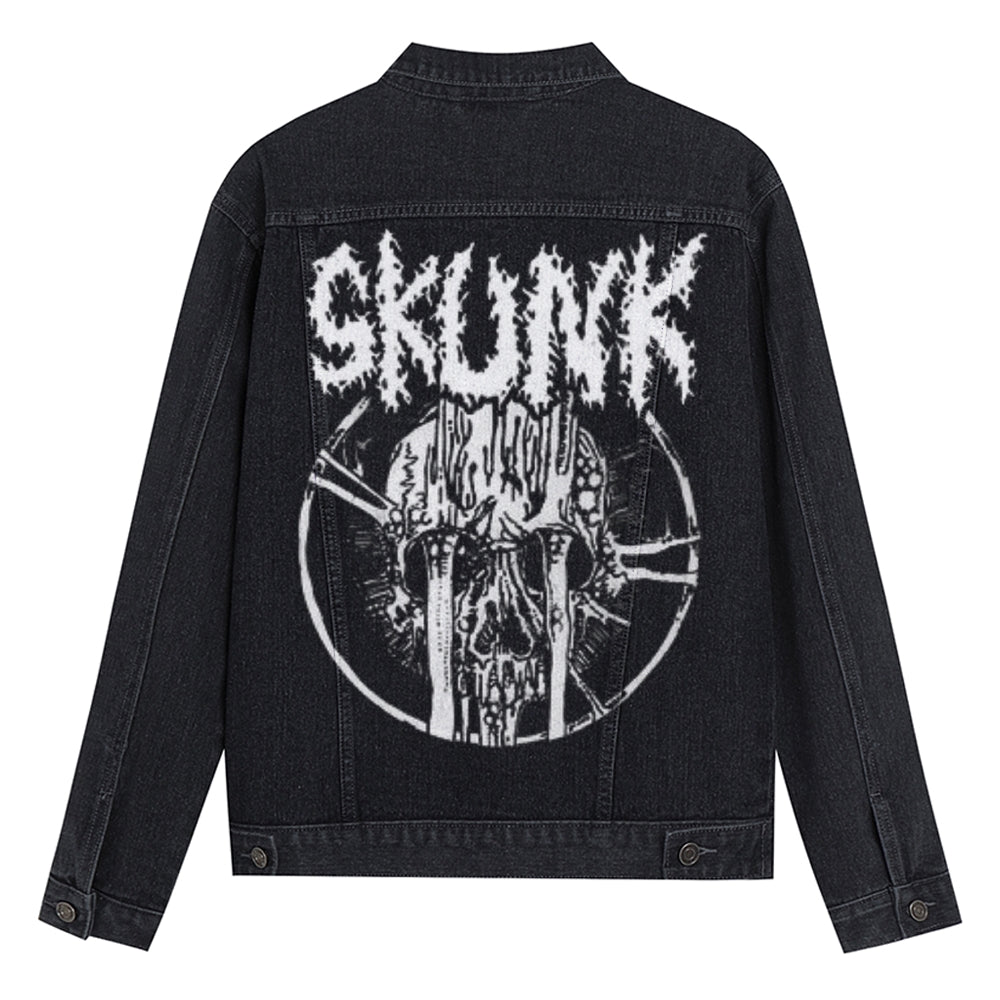 Mens Vintage Gothic Skunk Graphic Button Up Denim Jacket