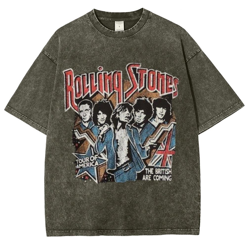 Unisex Vintage The Rolling Stone Rock Band Print Short Sleeve Casual Graphic Washed T-shirt