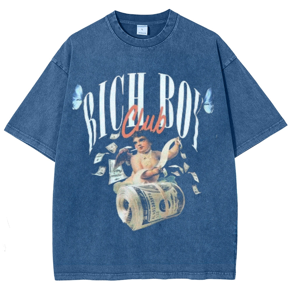 Unisex Vintage Rich Boy Club Graphic Short Sleeve Washed T-shirt