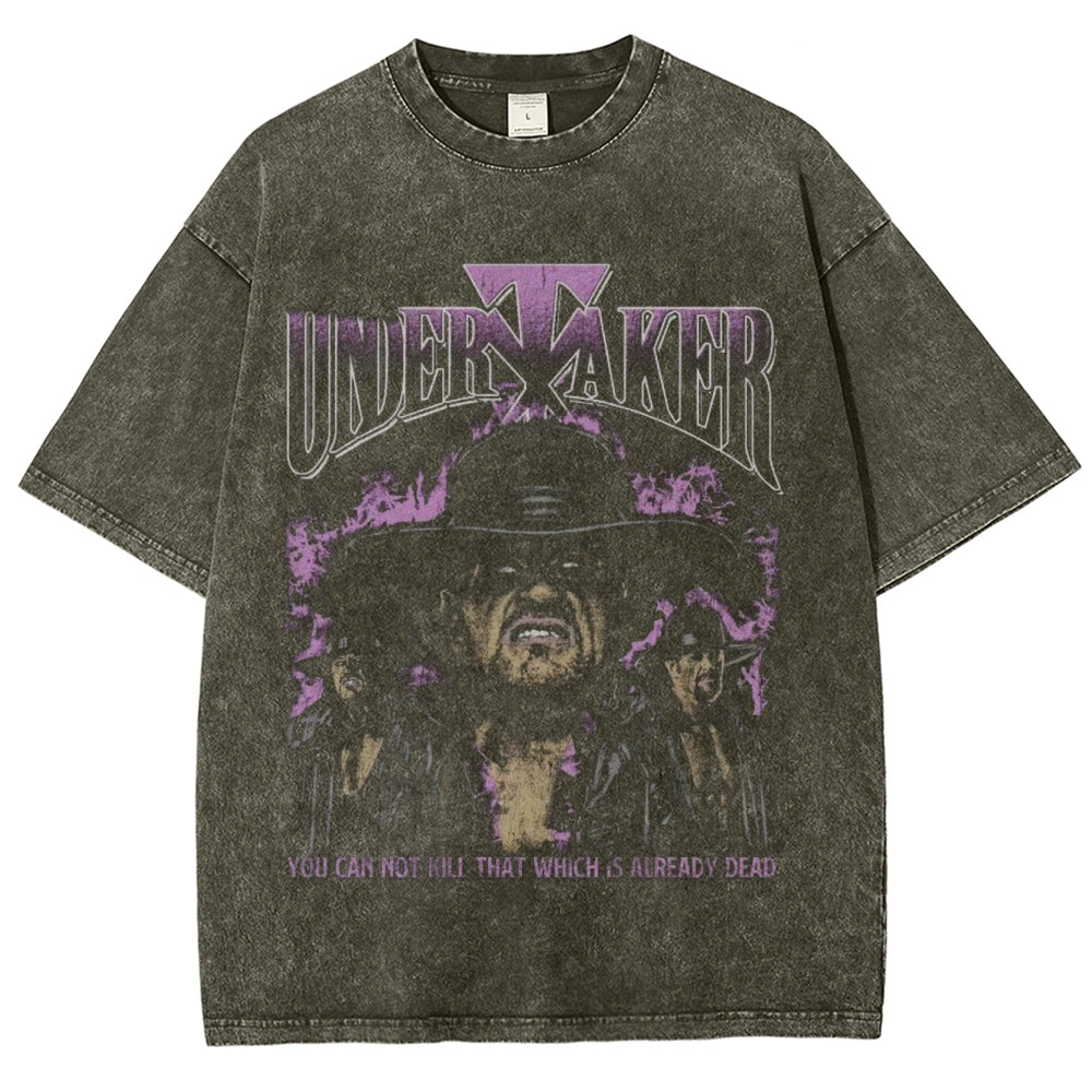 Unisex Vintage Undertaker Darkness Style Graphic Short Sleeve Washed T-shirt