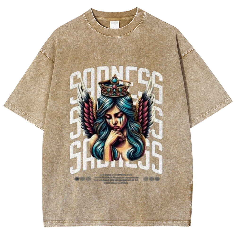 Women Washed Vintage Sading Angel Graphic T-shirt