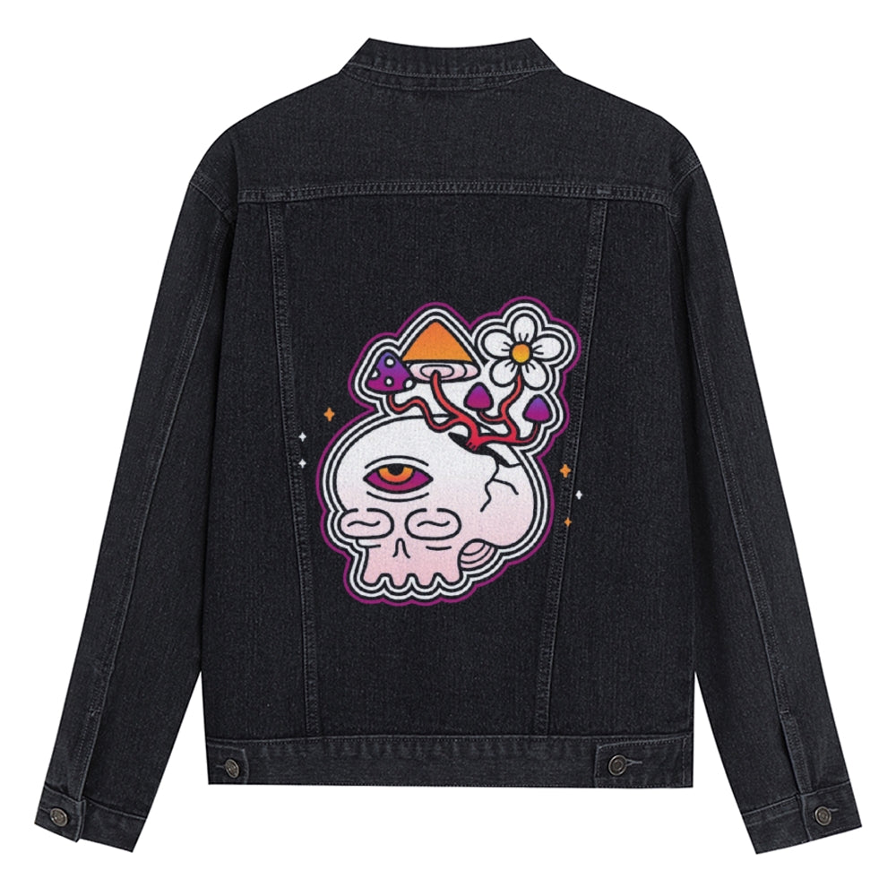 Mens Vintage Cartoon Prints Skull Colored Mushrooms Denim Jacket