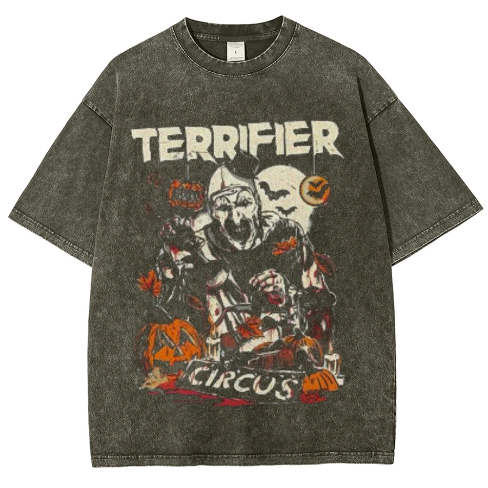 Unisex Vintage Terrifier Horror Graphic Short Sleeve Washed T-shirt