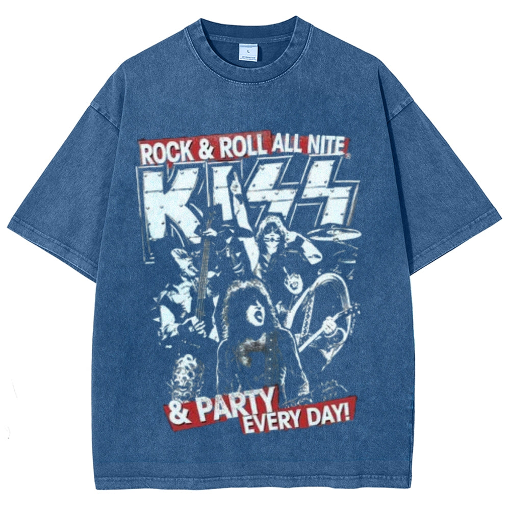 Unisex Vintage The Kiss Rock Band Print Short Sleeve Casual Graphic Washed T-shirt