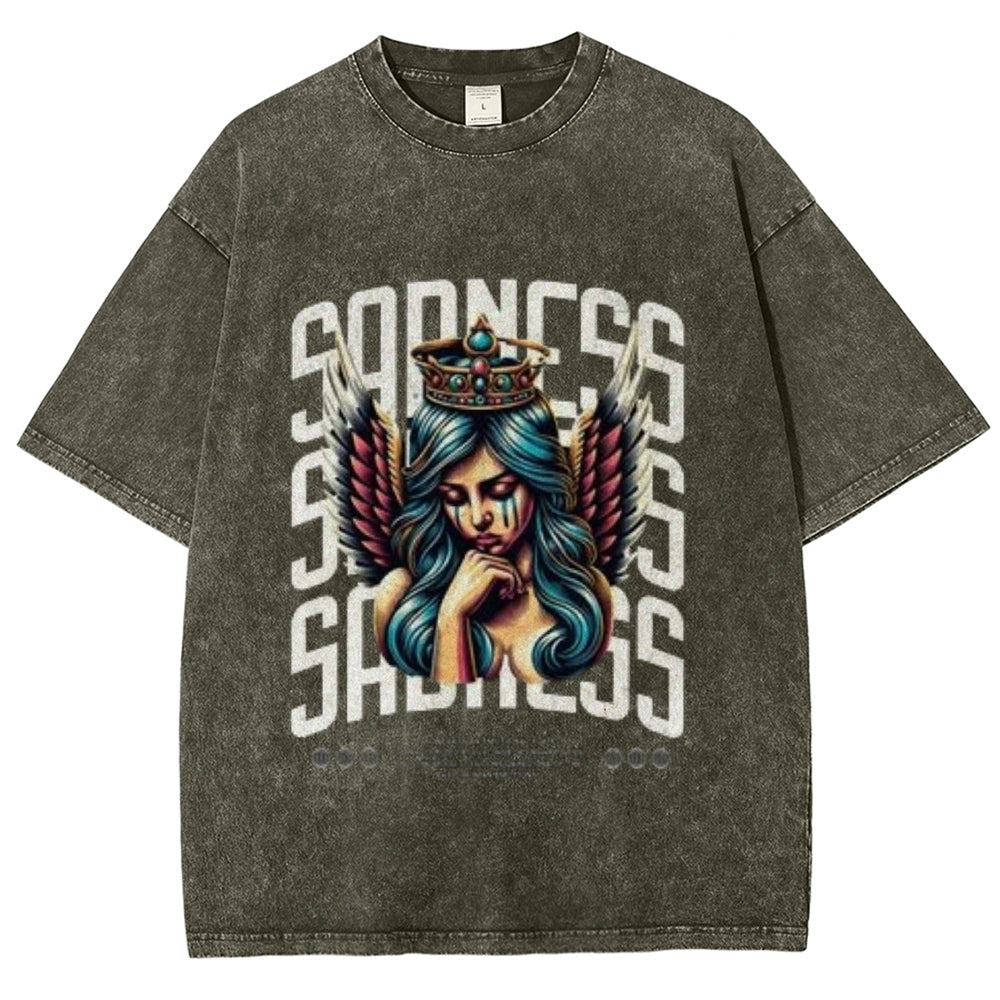 Women Washed Vintage Sading Angel Graphic T-shirt