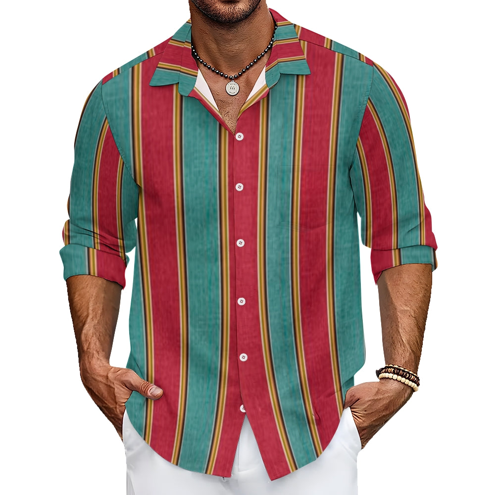 Mens Aqua and Red Large Stripe Long Sleeve Shirt