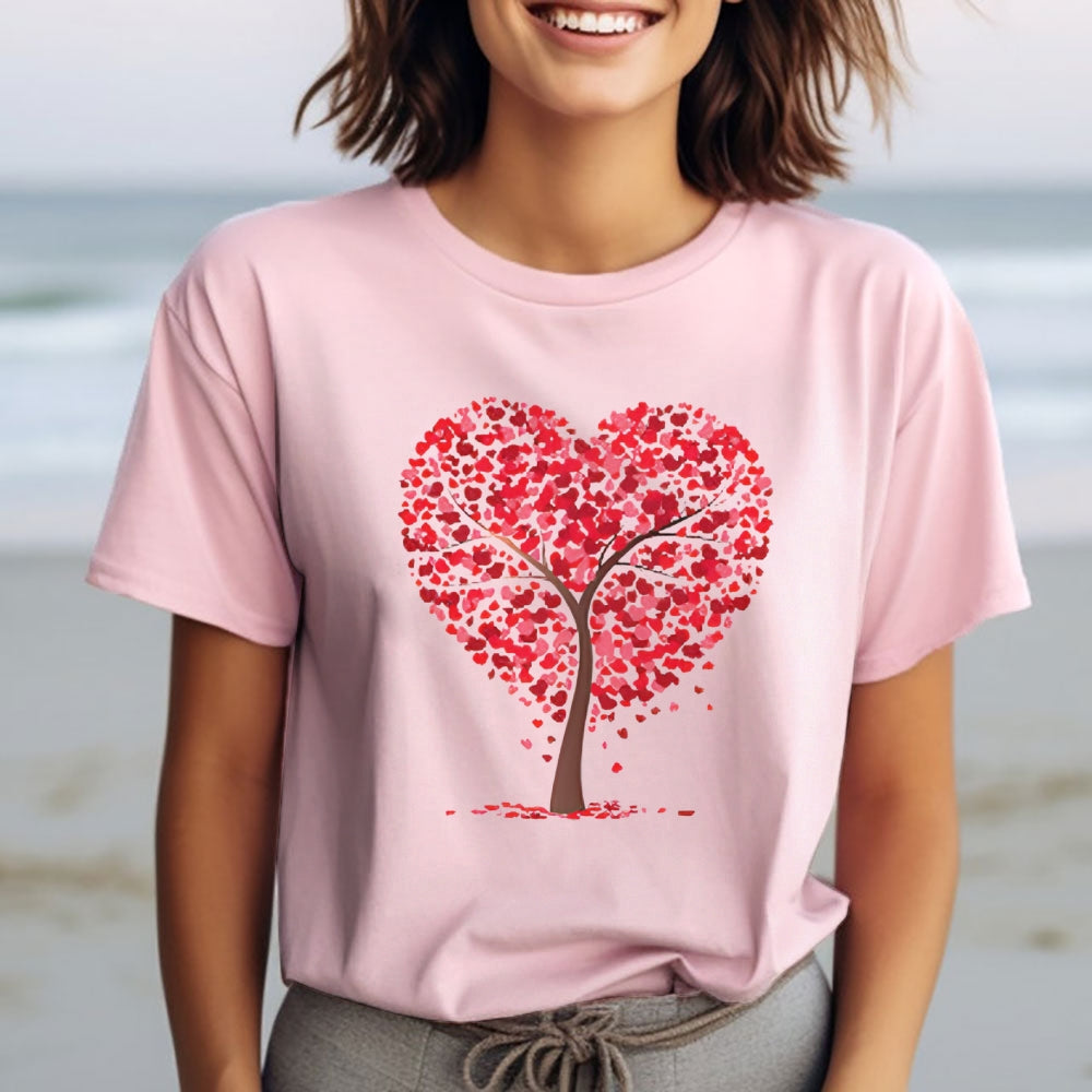 Women Valentine's Day Love Heart Tree Print Graphic T-shirt