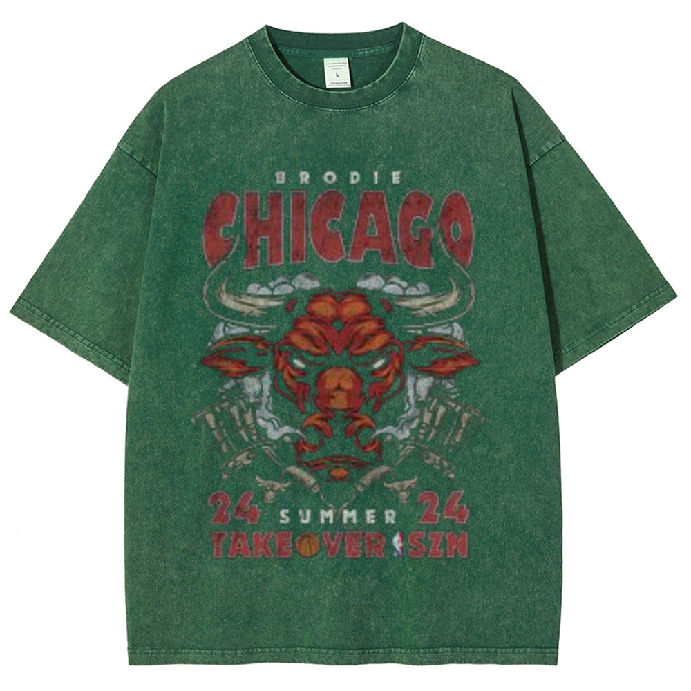 Unisex Vintage Chicago Letter Print Short Sleeve Graphic Washed T-shirt