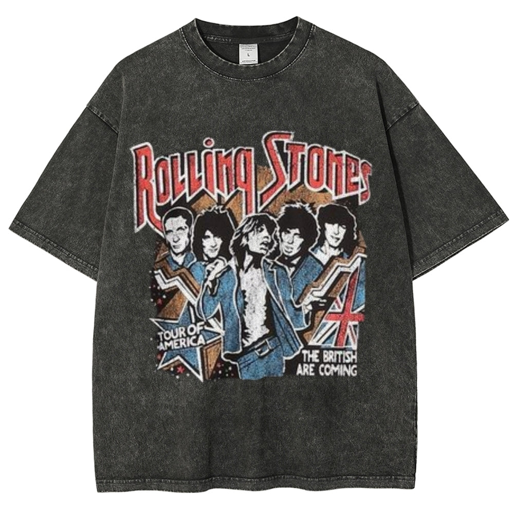 Unisex Vintage The Rolling Stone Rock Band Print Short Sleeve Casual Graphic Washed T-shirt