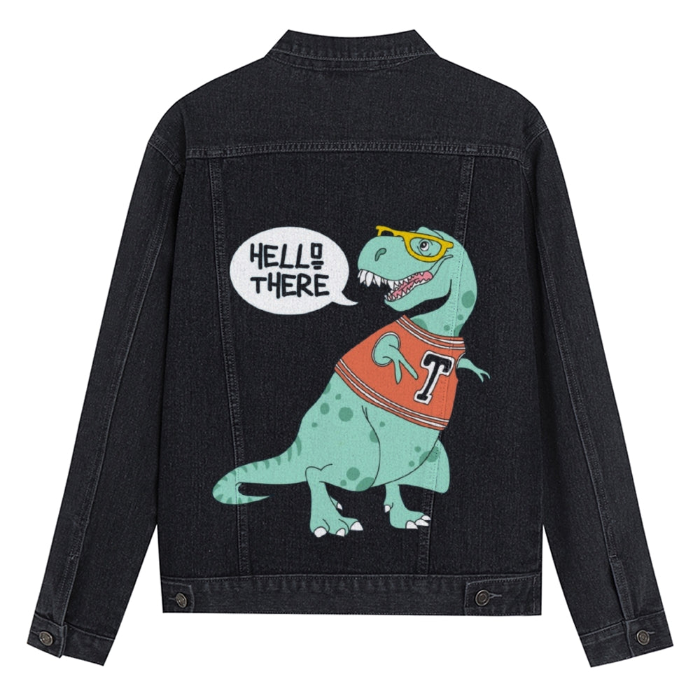 Mens Vintage Cartoon Prints Cute Green Dinosaur Denim Jacket