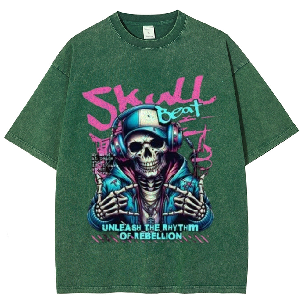 Women Washed Vintage Skull Beat Graphic T-shirt