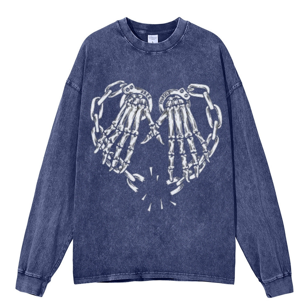 Oversized Vintage Washed Skeleton Heart Hand Graphic Sweatshirt