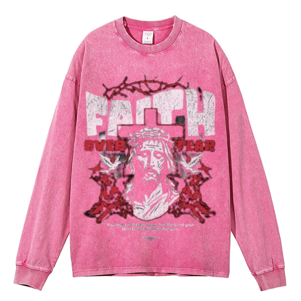 Oversized Vintage Washed Faith Over Fear Gothic Graphic Sweatshirt