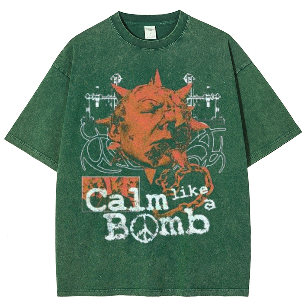 Unisex Vintage Calm Like A Bomb Graphic Short Sleeve Washed T-shirt