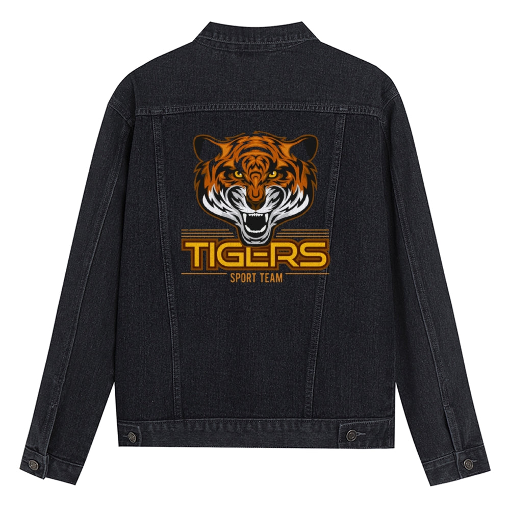 Mens Vintage Cartoon Prints TIGERS SPORT TEAM Denim Jacket