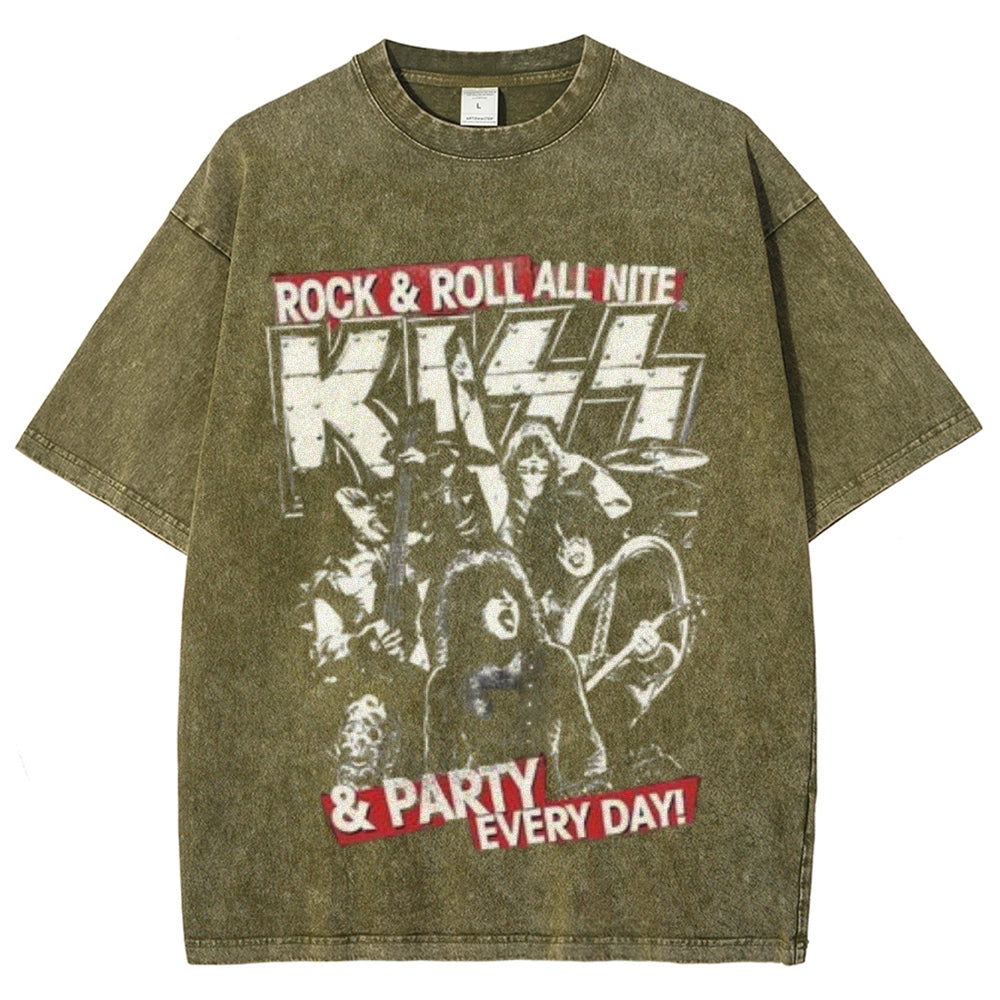 Unisex Vintage The Kiss Rock Band Print Short Sleeve Casual Graphic Washed T-shirt