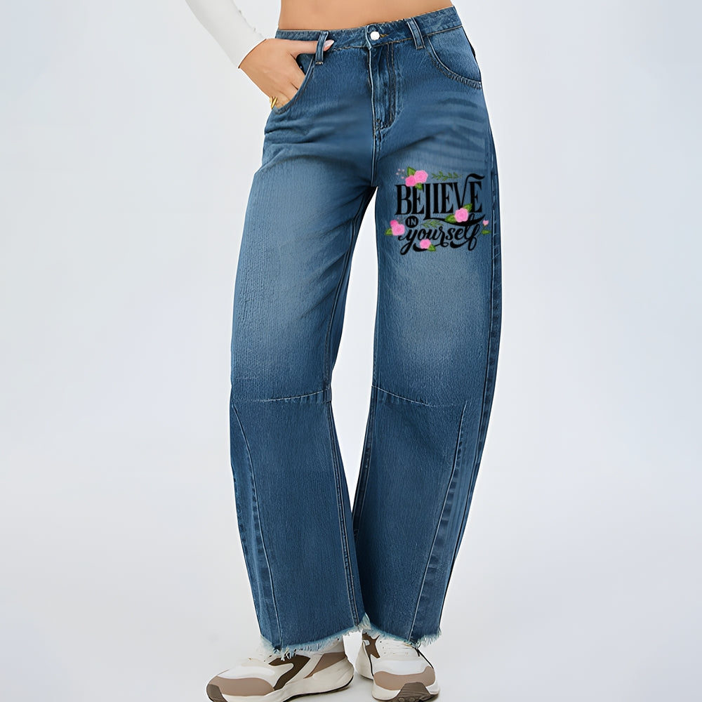 Women Believe Yourself Letter And Floral Graphic Baggy Straight Leg Jean