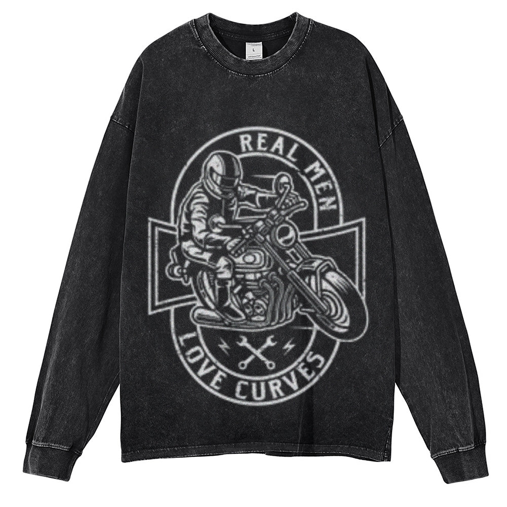 Oversized Vintage Washed REAL MEN LOVE CURVES Motorcycle Graphic Sweatshirt