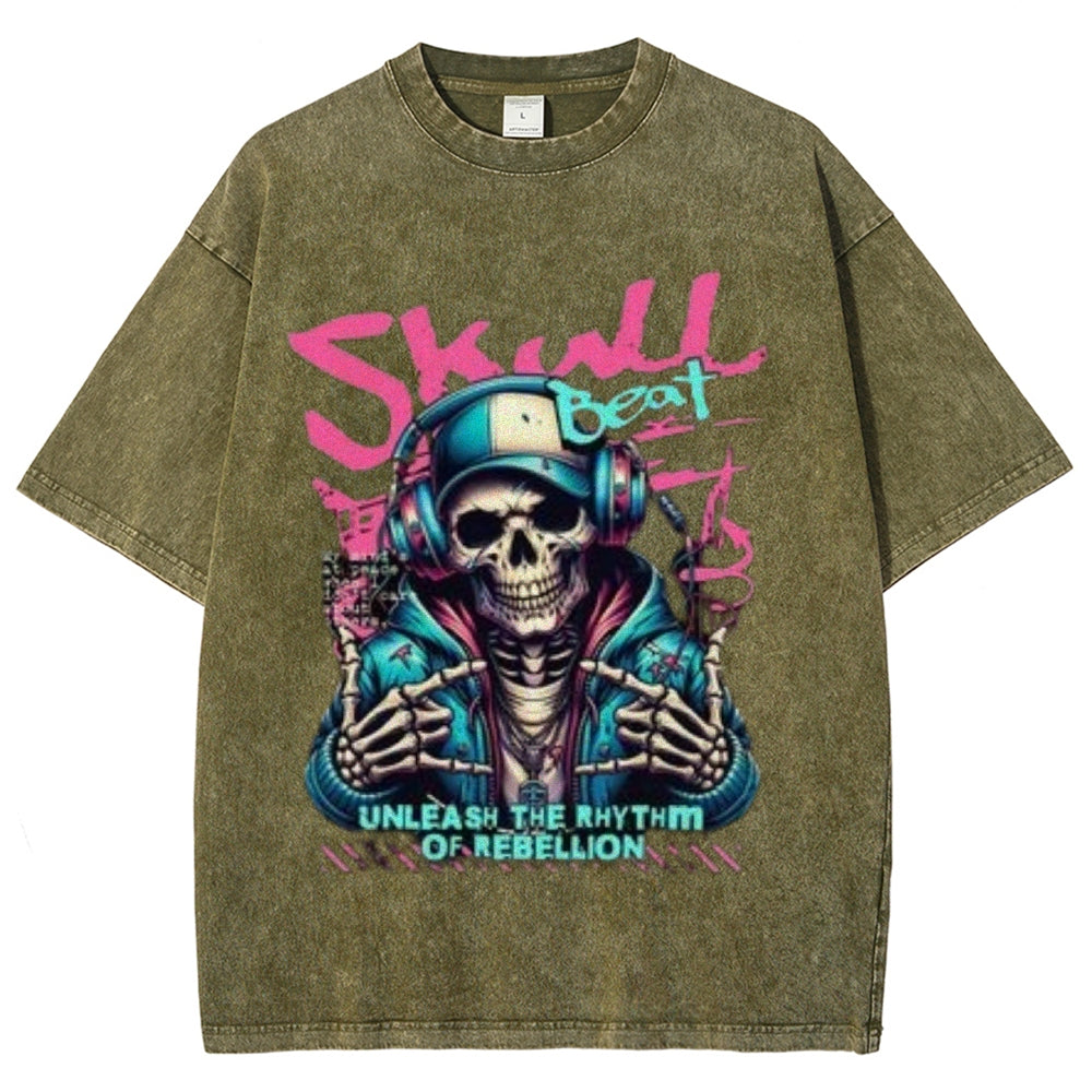 Women Washed Vintage Skull Beat Graphic T-shirt