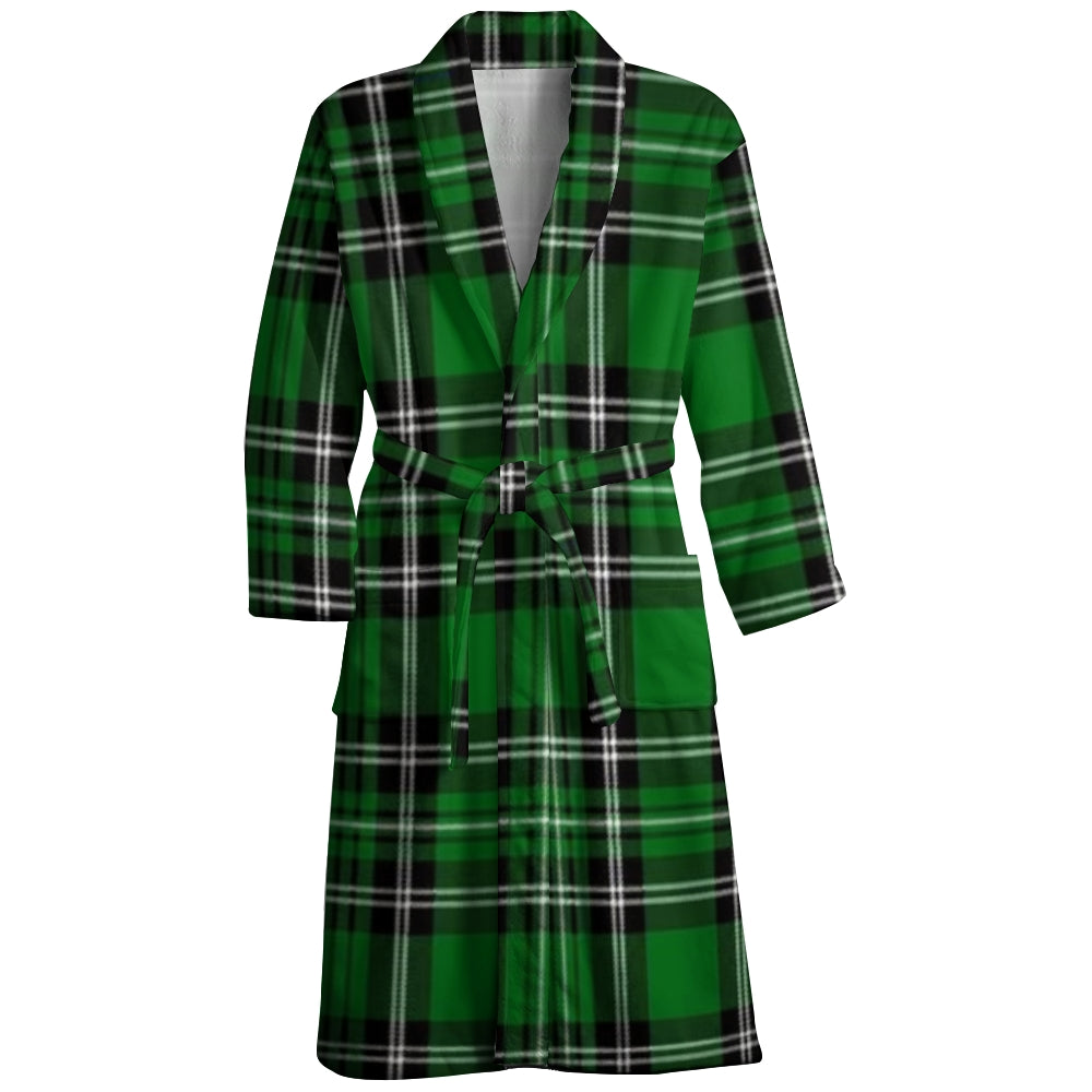 Mens Belt Christmas Plaid Green Print Fleece Lounge Robe