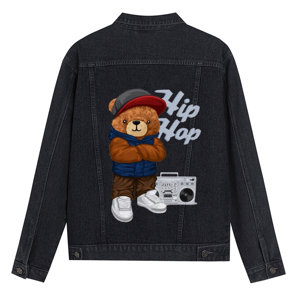 Mens Vintage Cartoon Cute Hip Hop Bear Prints Denim Jacket