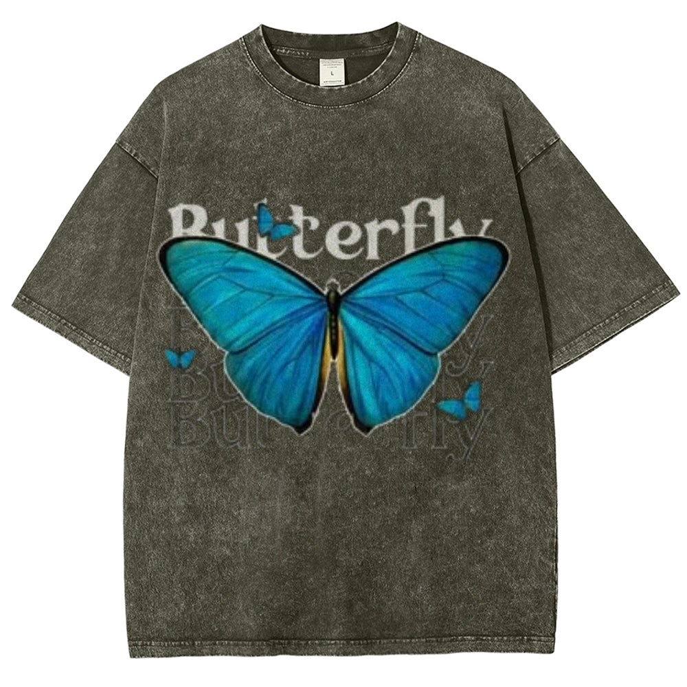 Women Washed Vintage Blue Butterfly Graphic Tee
