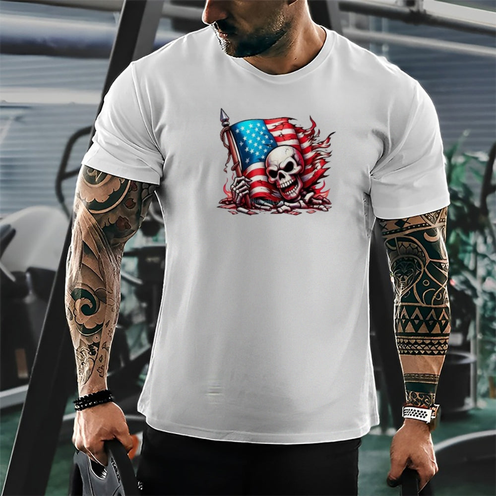 Mens Flag Independence Day Skull Print  Graphic Tee