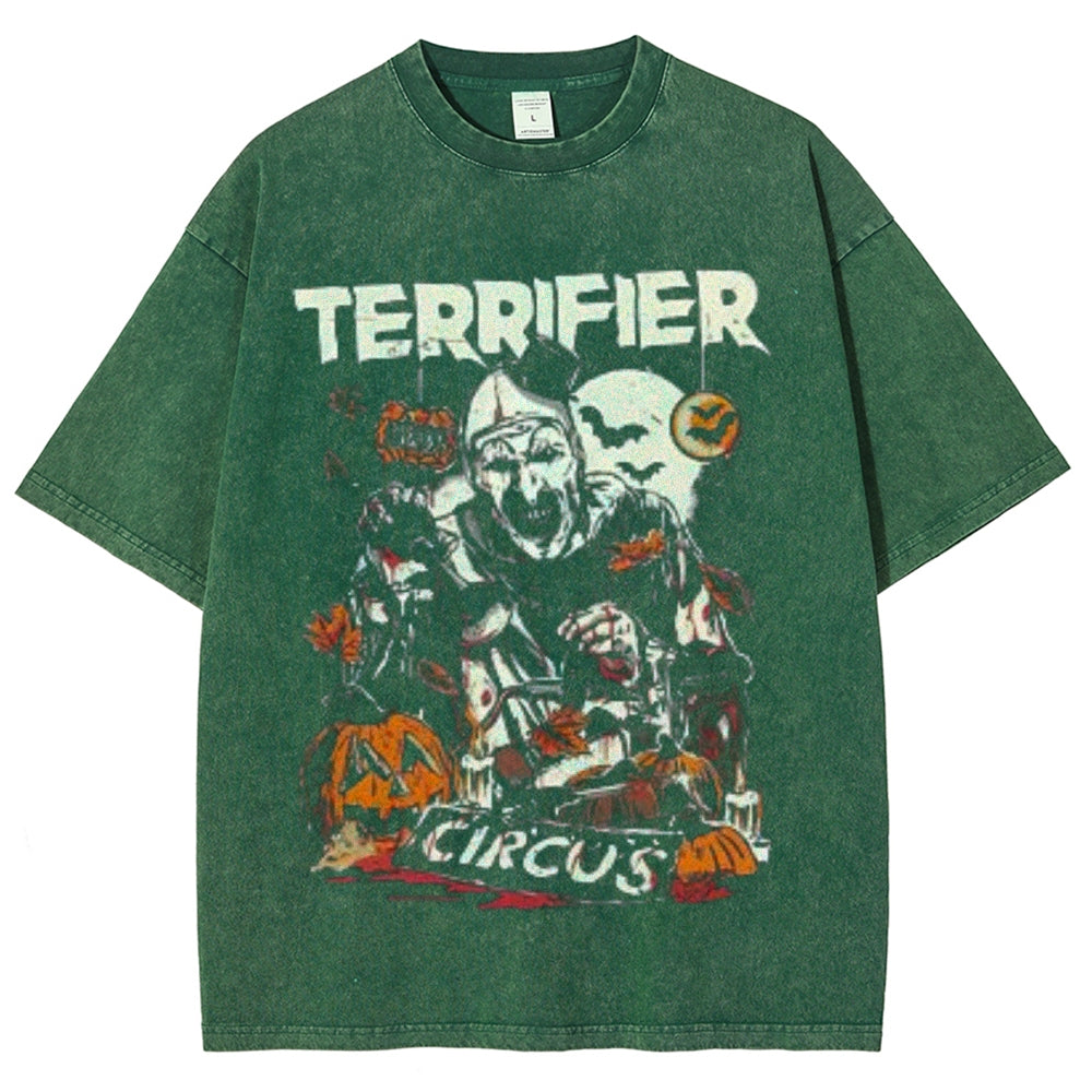 Unisex Vintage Terrifier Horror Graphic Short Sleeve Washed T-shirt