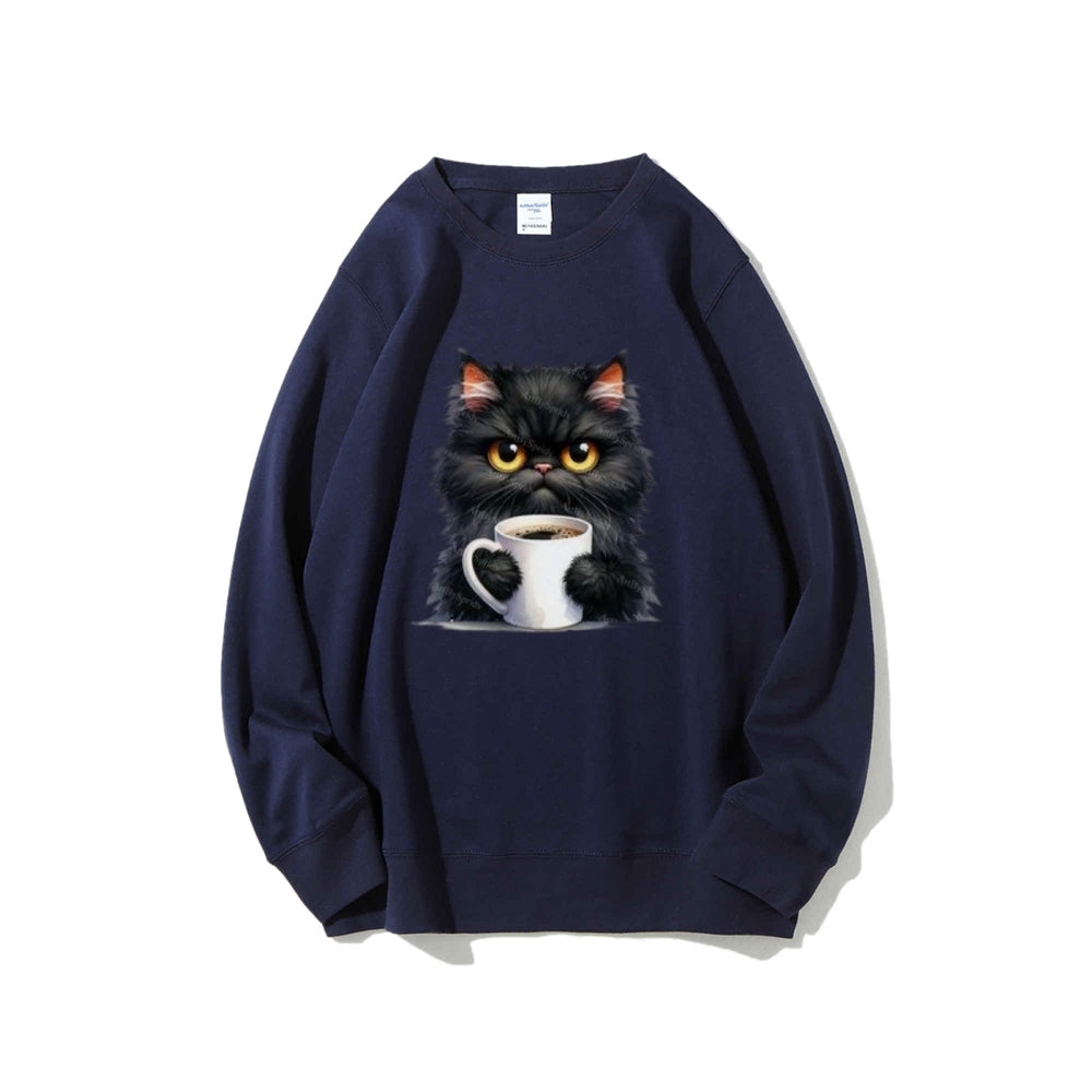 Black Cat with Coffee Cup Graphic Sweatshirts