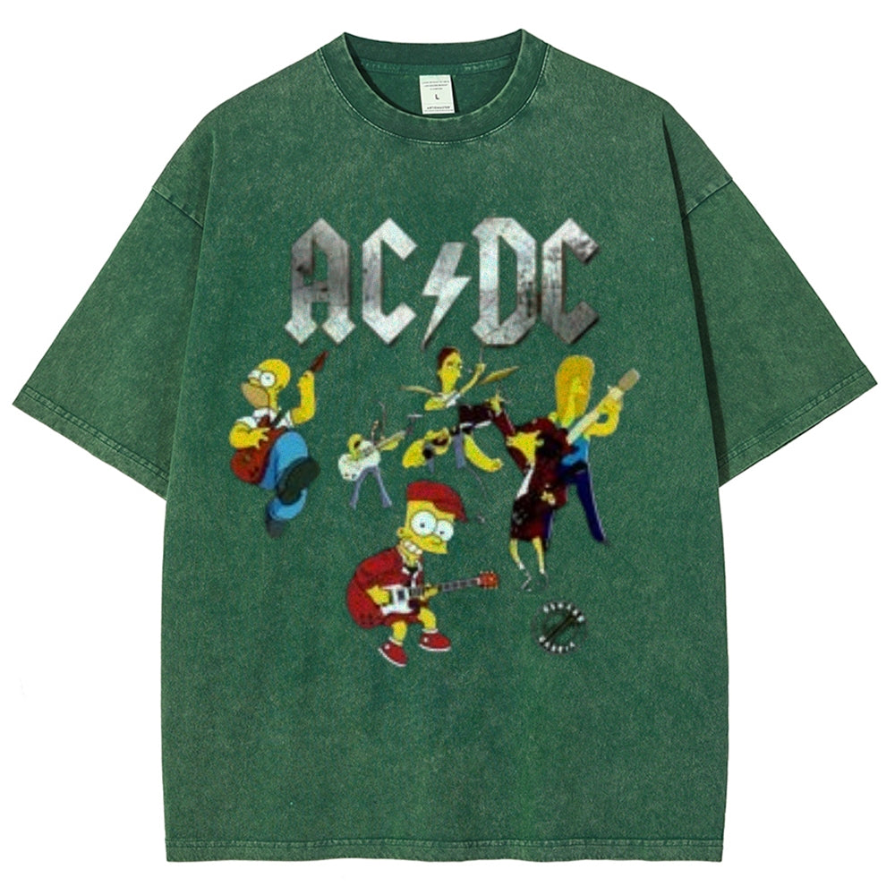 Unisex Vintage The Acdc Rock Band Print Short Sleeve Casual Graphic Washed T-shirt