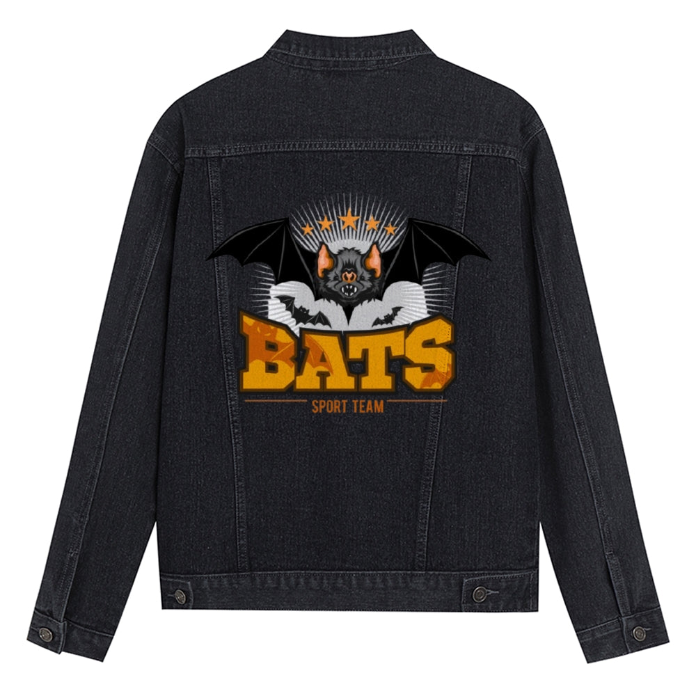 Mens Vintage Cartoon Prints BATS SPORT TEAM Denim Jacket