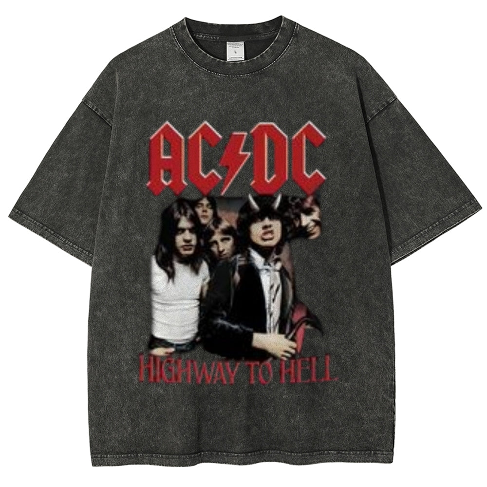 Unisex Vintage The Acdc Rock Band Print Short Sleeve Casual Graphic Washed T-shirt