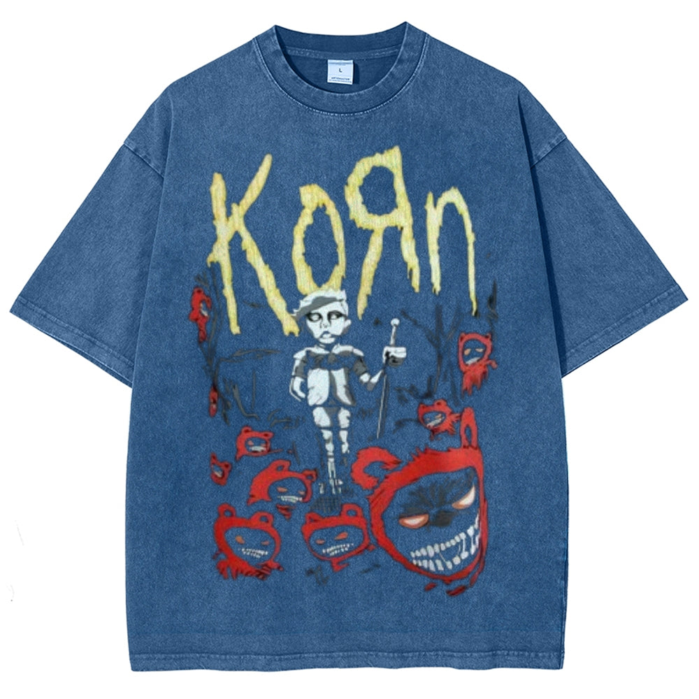 Unisex Vintage The Korn Rock Band Print Short Sleeve Casual Graphic Washed T-shirt