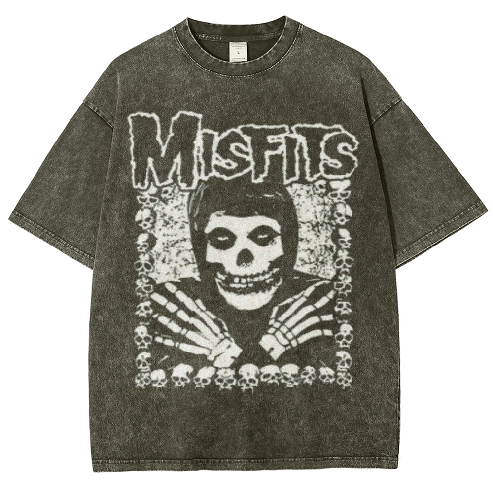 Unisex Vintage The Misfits Rock Band Print Short Sleeve Casual Graphic Washed T-shirt